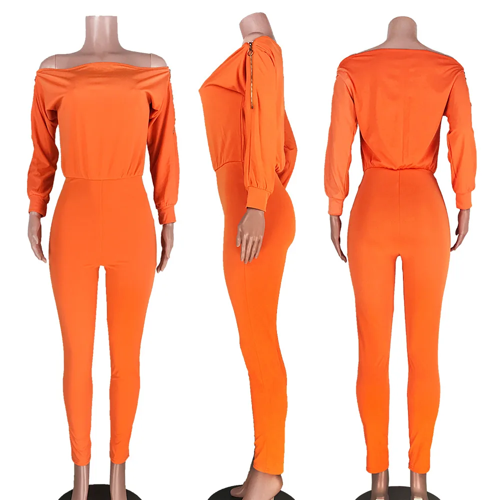 GL6193 Women's Jumpsuit Spring and Autumn Fashion Sexy Solid Color Double Zipper Off-the-Shoulder One-Line Neck Jumpsuit Women