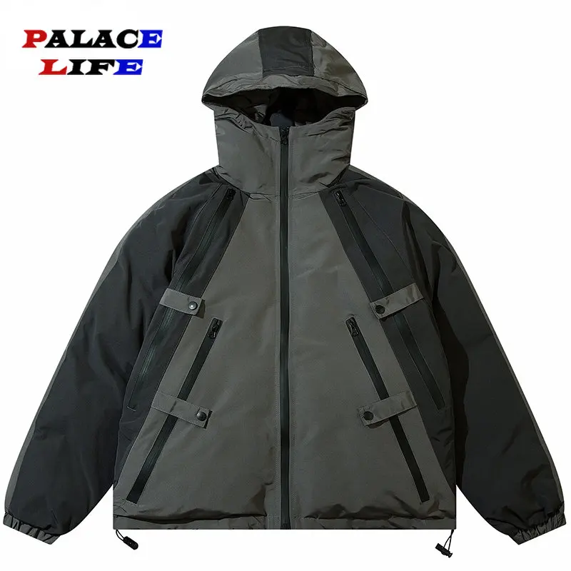 Men Hooded Jacket Parka Zip Up Streetwear Patchwork Harajuku Padded Jacket High Neck 2022 Winter Windbreaker Warm Ourwear Thick