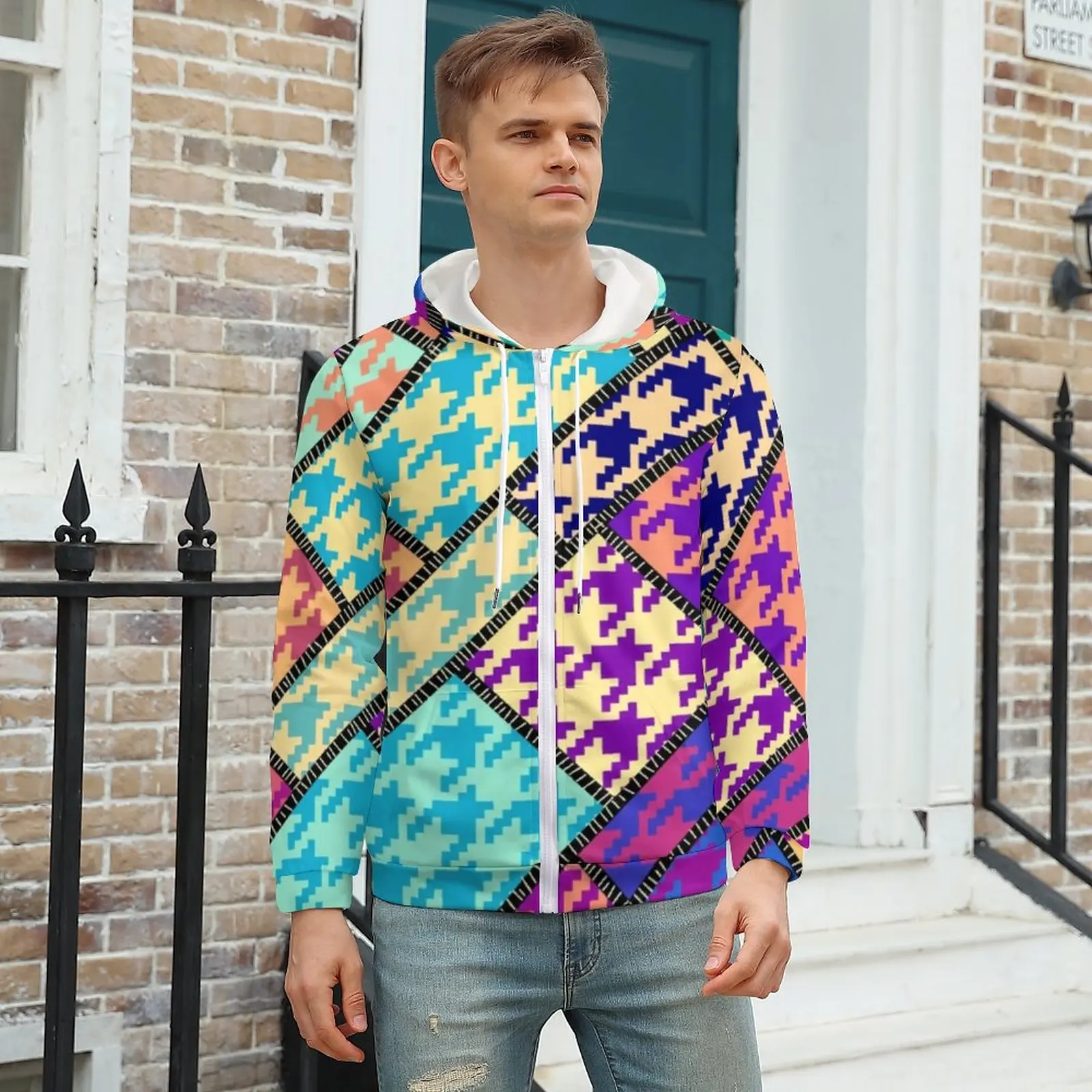 

Colorful Houndstooth Hoodies Polyester Patchwork Style Modern Hoodie Winter Long-Sleeve Street Fashion Oversized Sweatshirts