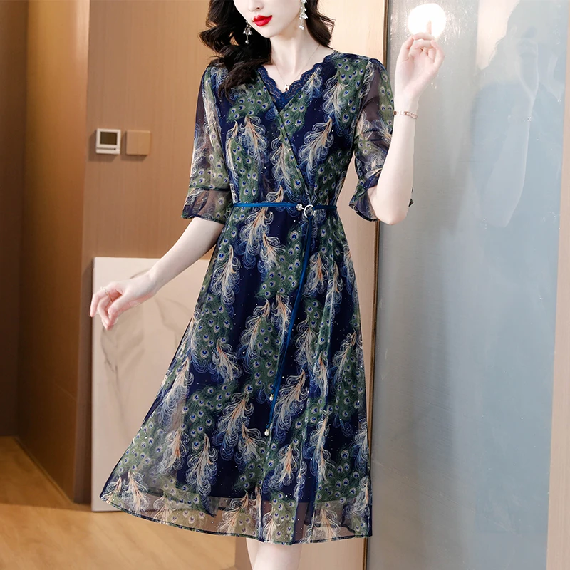 

2023 summer new print V-neck lace thin elegant dress TA8679058