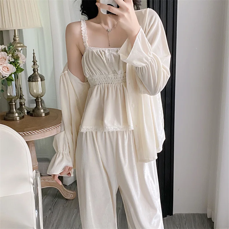 Женский теплый велюровый комплект брюк из 3 предметов теплая бархатная ночная