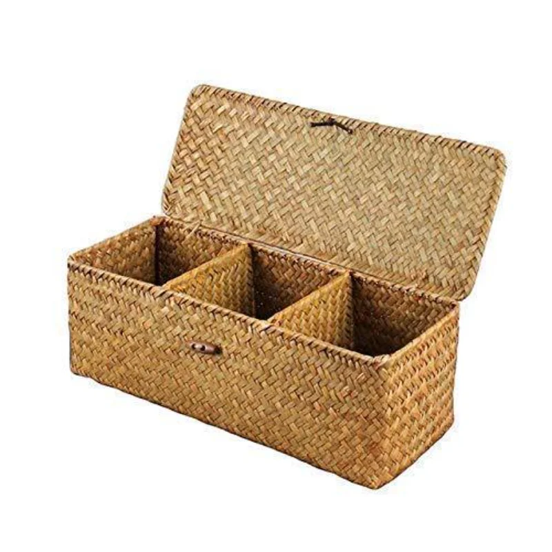 

Hand Woven Storage Baskets with Lid Dust Clothing Basket Storage Box Rectangular Wardrobe Container Sundries Organizer 3 grids