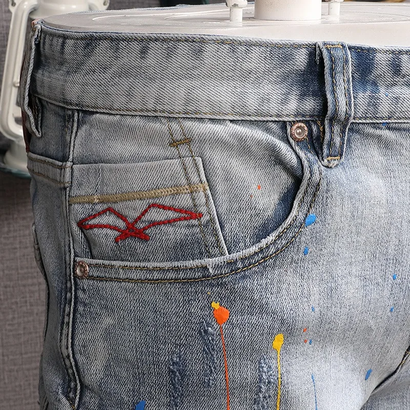 Short Jeans Men Streetwear Splash-ink Printed Denim Shorts Fashion Casual Light Blue Stretch Straight Pants