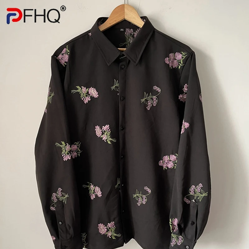 

PFHQ Autumn Men's Wind Chime Embroidery Niche Shirts Tide Creativity Abstraction Flower Pattern Light Luxury Trendy Tops 21Z1609