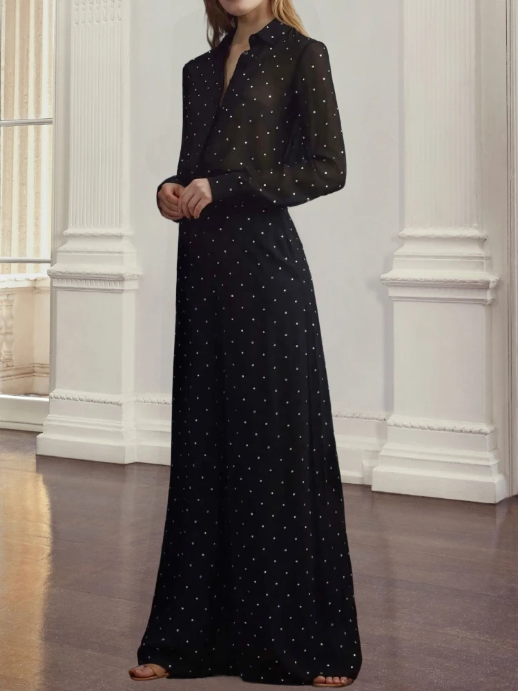 Women's Summer Dress 2023 New Black Polka-Dot Lapel Waist Chiffon Dress Long Free Shipping