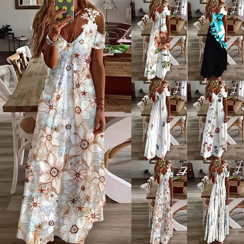 

Women Hollowout Lace Strap Long Dresses Summer Boho Off Shoulder Maxi Dress Ladies Vintage Casual Elegant Party Dresses Vestidos