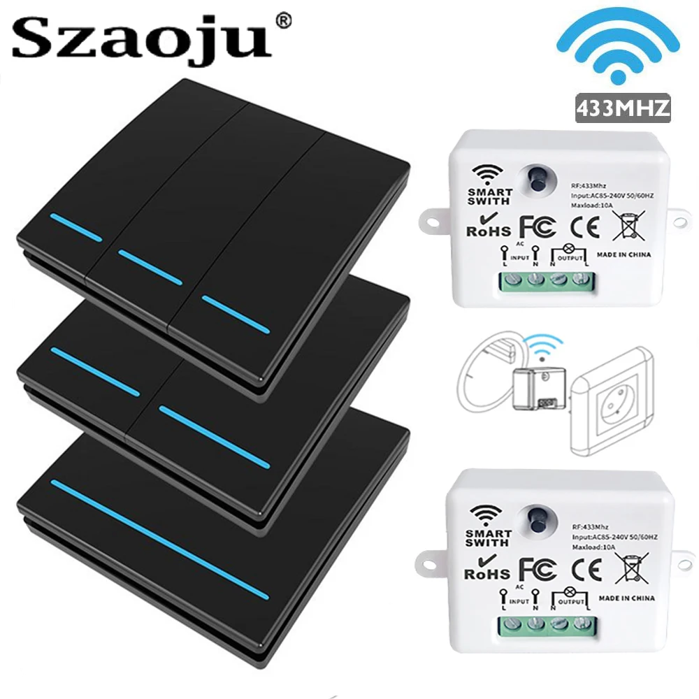 Беспроводной смарт-переключатель Szaoju Mini RF, 433 МГц, 90-250 В переменного тока, модульный релейный приемник, настенная панель, дистанционное управление для светодиодной лампы, вентилятора