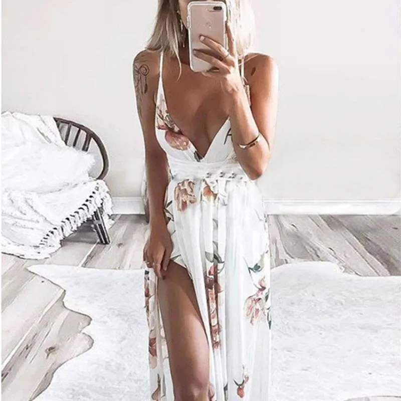 

Summer Women Beach Holiday Floral Printed Spaghetti Strap Dress Sexy Deep V Neck Backless High Waist Split Slim Maxi Dresses 5XL