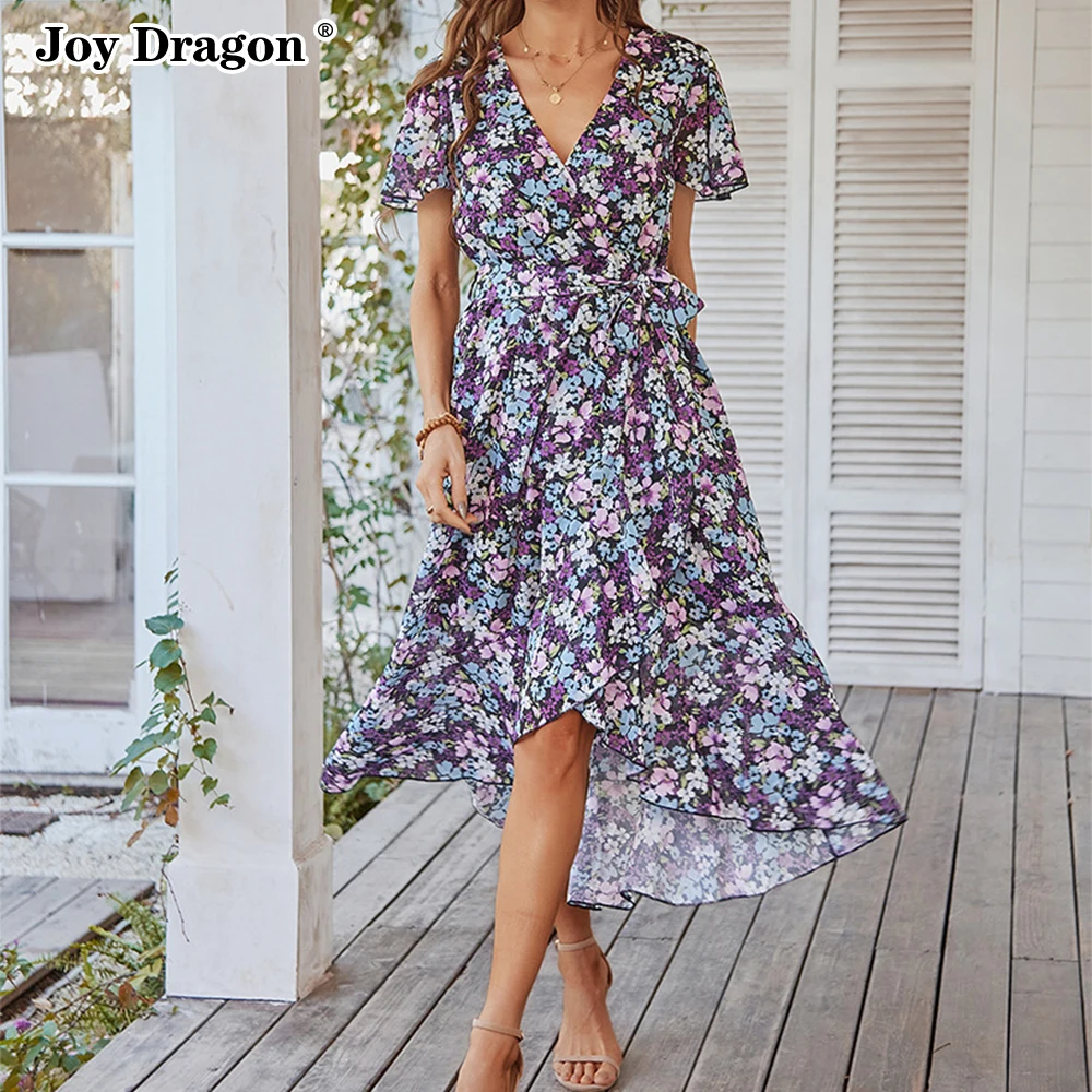 

Long Casual Party Floral Female Clothing Urban Summer Light Loose V Neck Beach Dress Short Sleeve Slim Irregular Basic Elegant