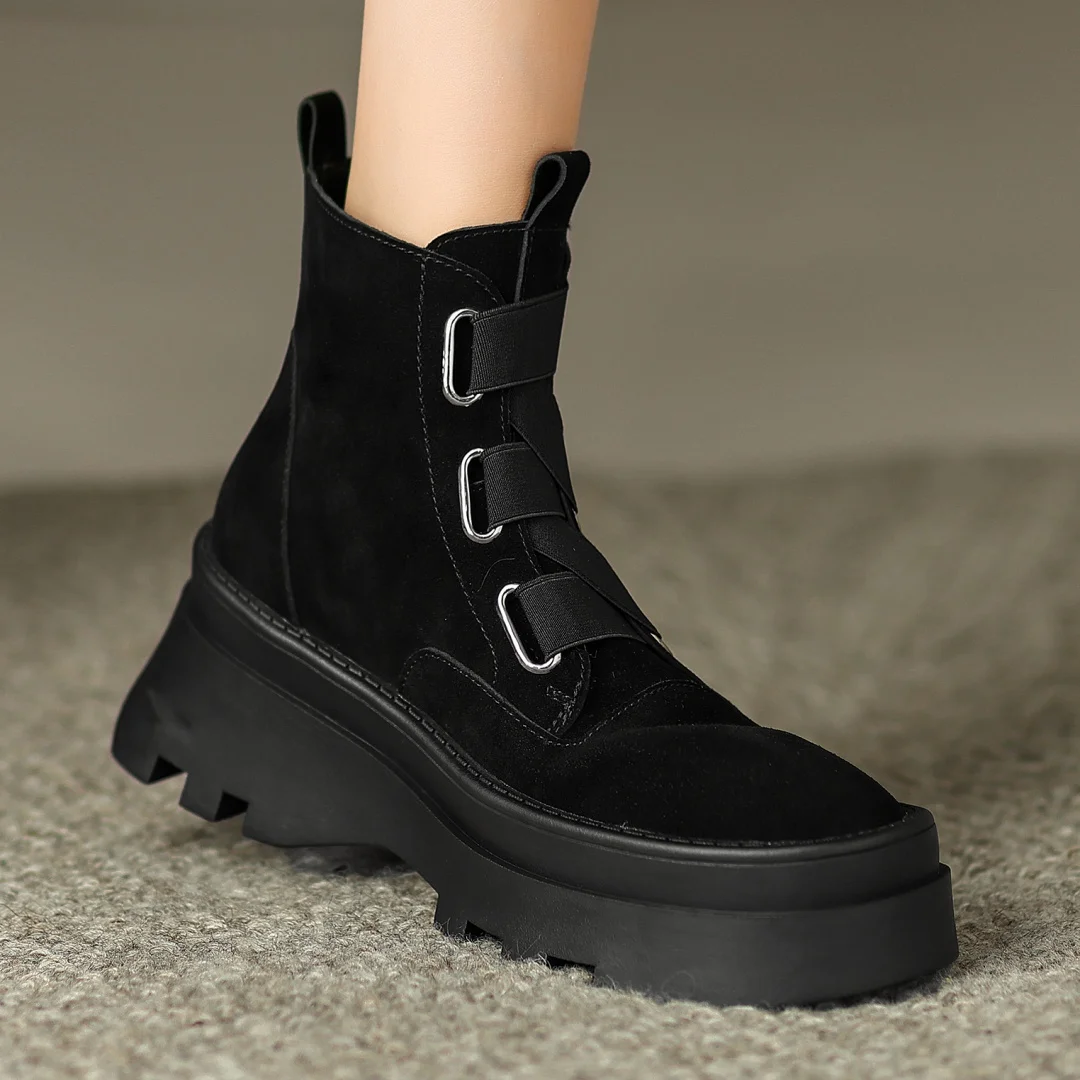 Женские осенние ботильоны из натуральной замши на толстой подошве платформе и