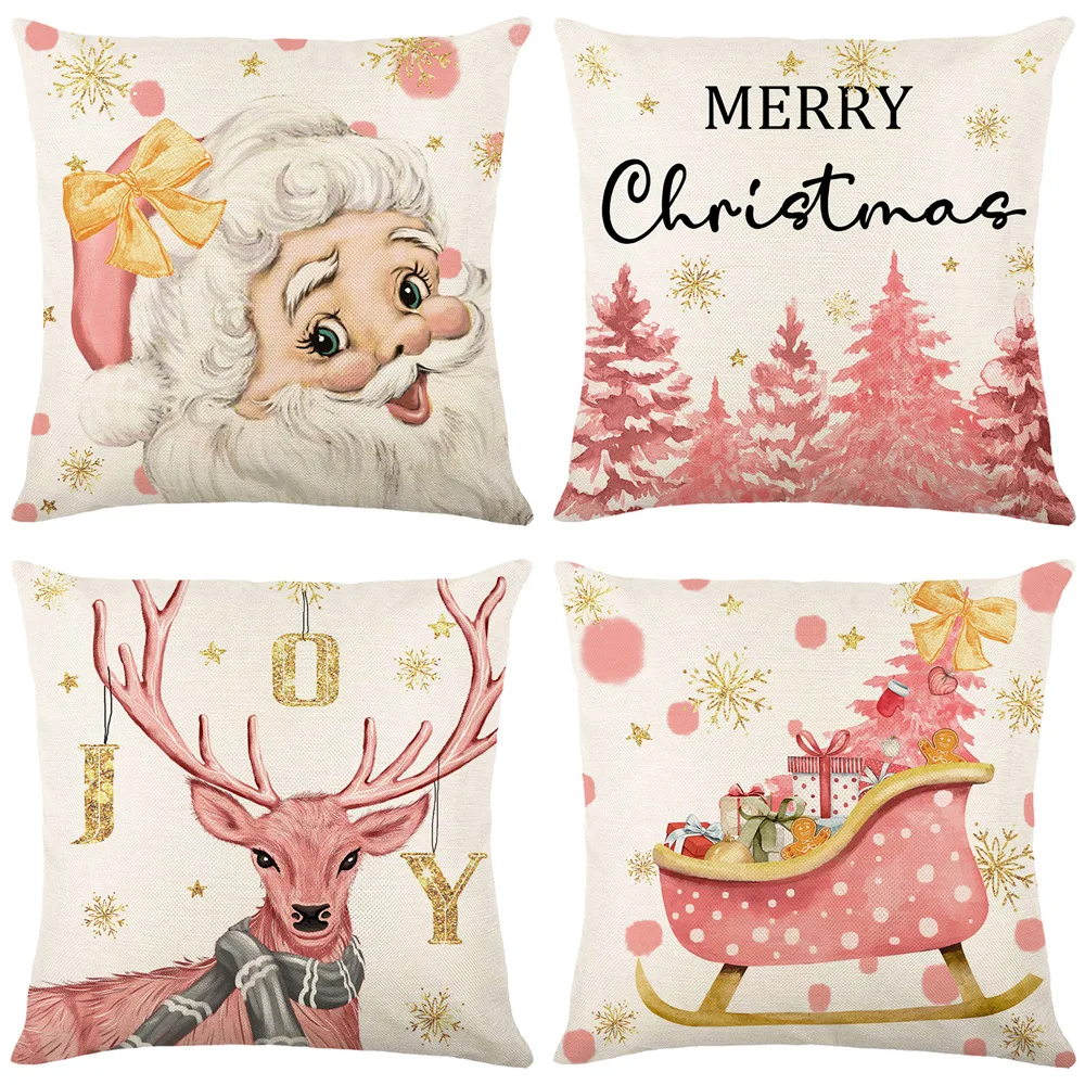

Christmas Cushion Cover 18x18 In Linen Xmas Throw Pillow Covers Christmas Pink Cartoons Print Pillowslip Home Decor Pillowcase