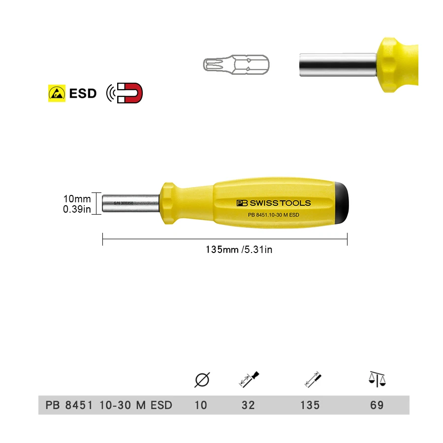 PB SWISS TOOLS Swiss Grip отвертка с магнитом ESD 135 мм 8451 10-30 м
