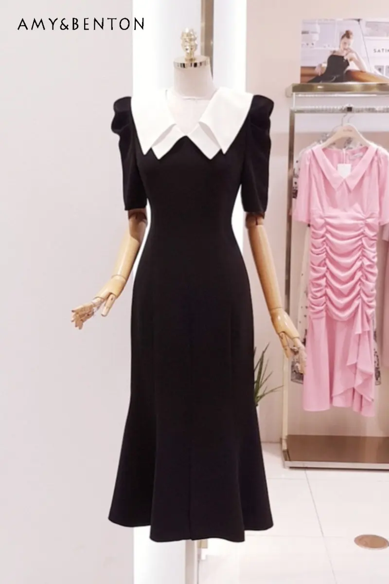 Spring Summer New Fashion Commuter Black Long Dress Double-Layer Collar Puff Short Sleeve Elegant Slimming Dress for Women