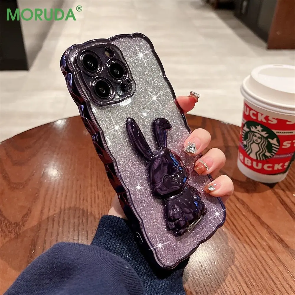 

Plating Wavy Frame Glitter Phone Case for iPhone 14 13 12 11 Pro Xs Max XR X XS 7 8 Plus Rabbit Invisible Bracket Silicone Cover