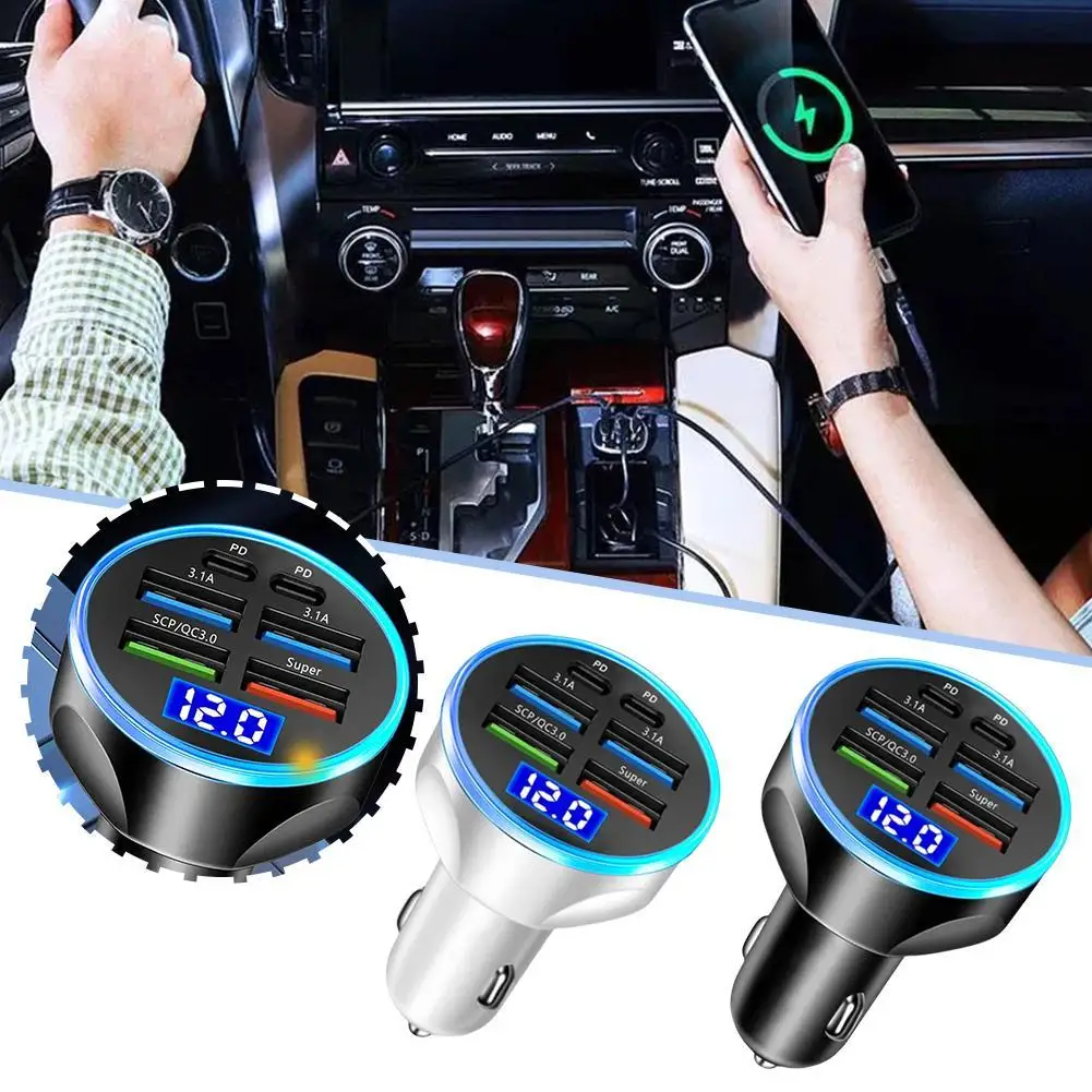 Автомобильное зарядное устройство с 6 портами 120 Вт Type C 4 USB 2 PD а QC3.0 адаптер для