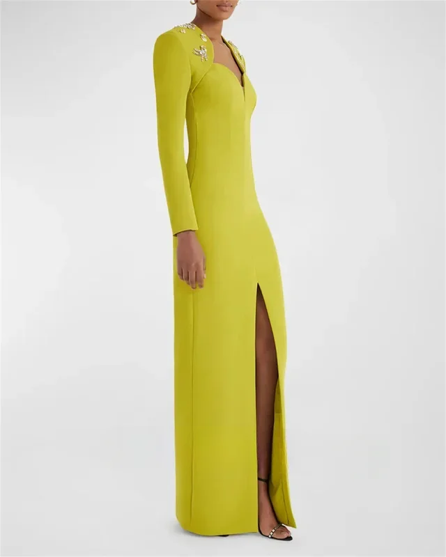 Арабское милое креповое атласное вечернее платье с разрезом модное зеленое