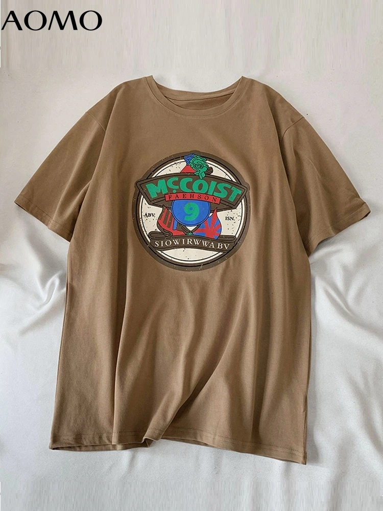 

AOMO 2022 Women Print Oversized Khaki Cotton T Shirt Short Sleeve O Neck Tees Boyfriend Style Top XLJ15A