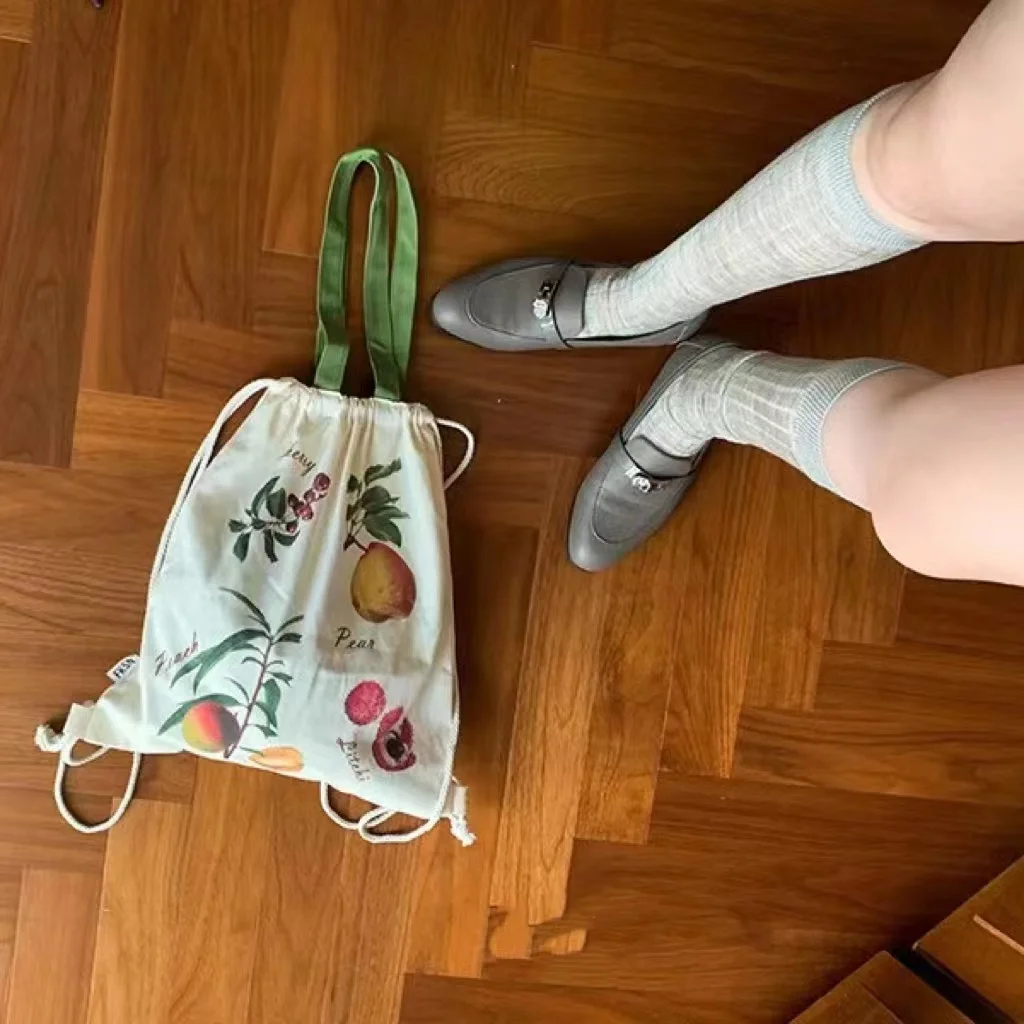 

Korean Ins Drawstring Backpack Fruit Print Large Capacity Bucket Bag Soft Canvas Beige Simplicity Travel Bag Tote Bag For Girl