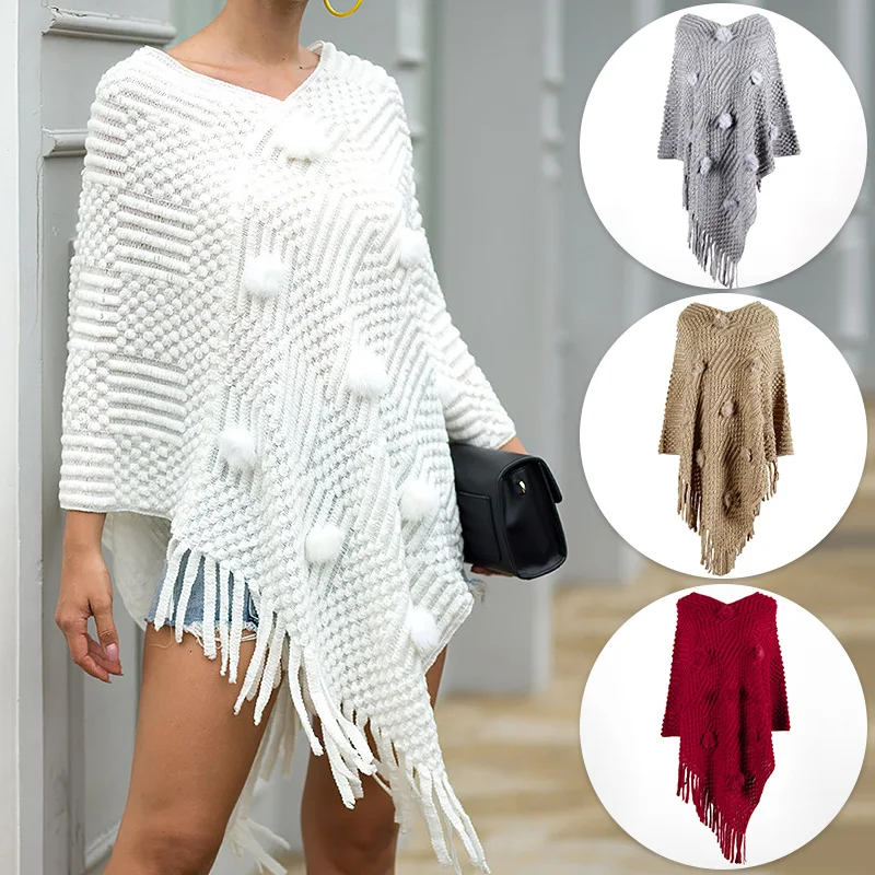 

Autumn Tassel Shawl Female Cloak Wool Ball Sweater Coat Loose V-neck Girl Warm Fashion Leisure White Shawl Wrap Sweater