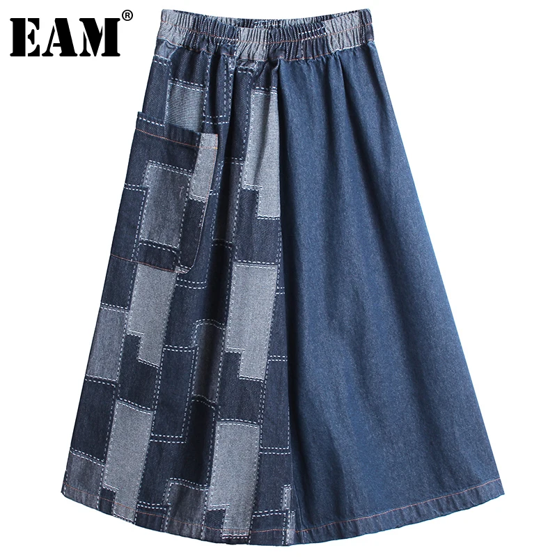 

[EAM] High Elastic Waist Blue Denim Plaid Long Wide Leg Trousers New Loose Fit Pants Women Fashion Spring Autumn 2022 1DE6100