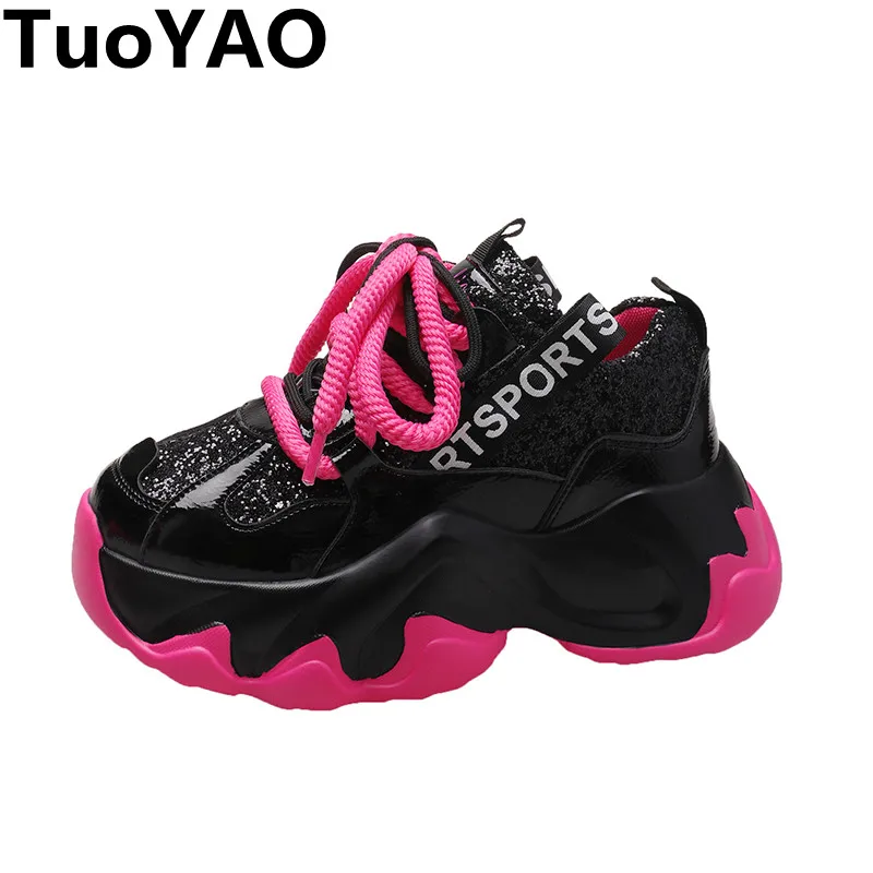 

Women Spring Autumn Leather Chunky Casual Shoes Breathable Bling Trainers Sport Sneakers 7CM High Heels Platform Vulcanized Shoe