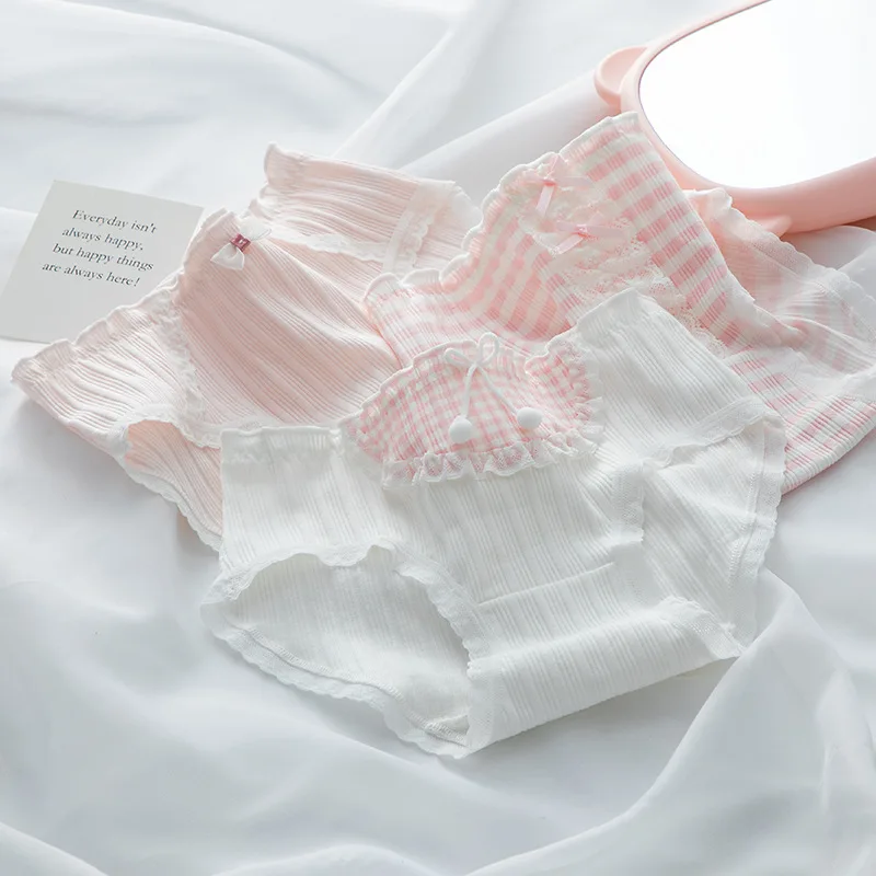 

Sweet Cute Pink Lace Bow Lolita Panties for Women Girl Student Cotton Crotch Mid Waist Panties Wholesale
