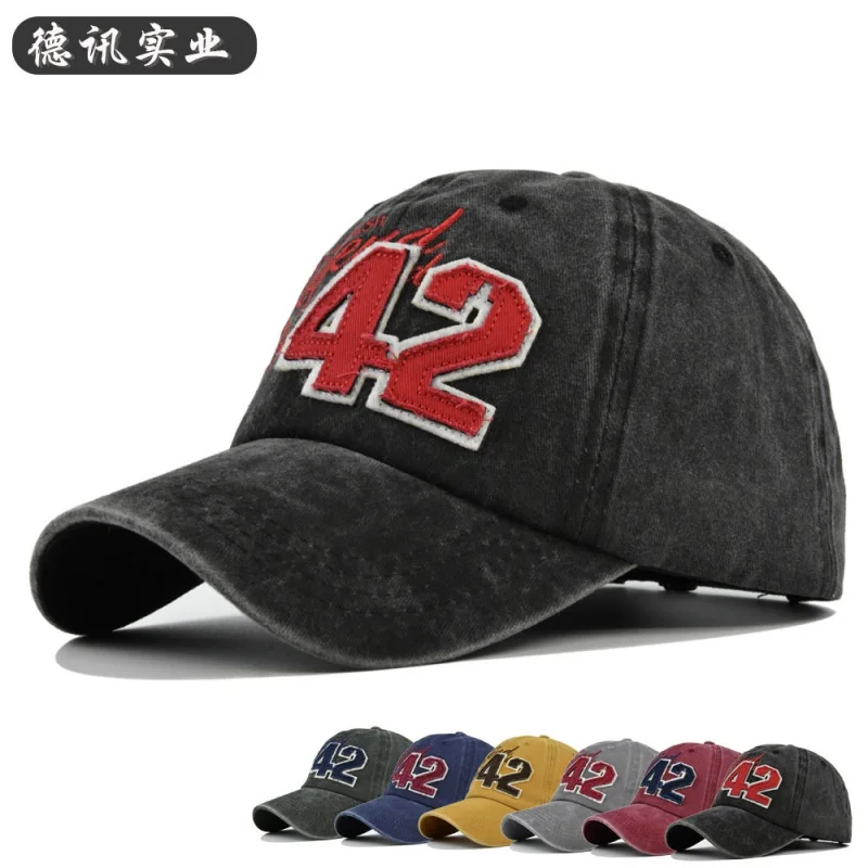 

Washed Distressed Paste Cloth Embroidery Baseball Cap 42 Embroidered Peaked Cap Distressed Three-Dimensional Embroidered Basebal