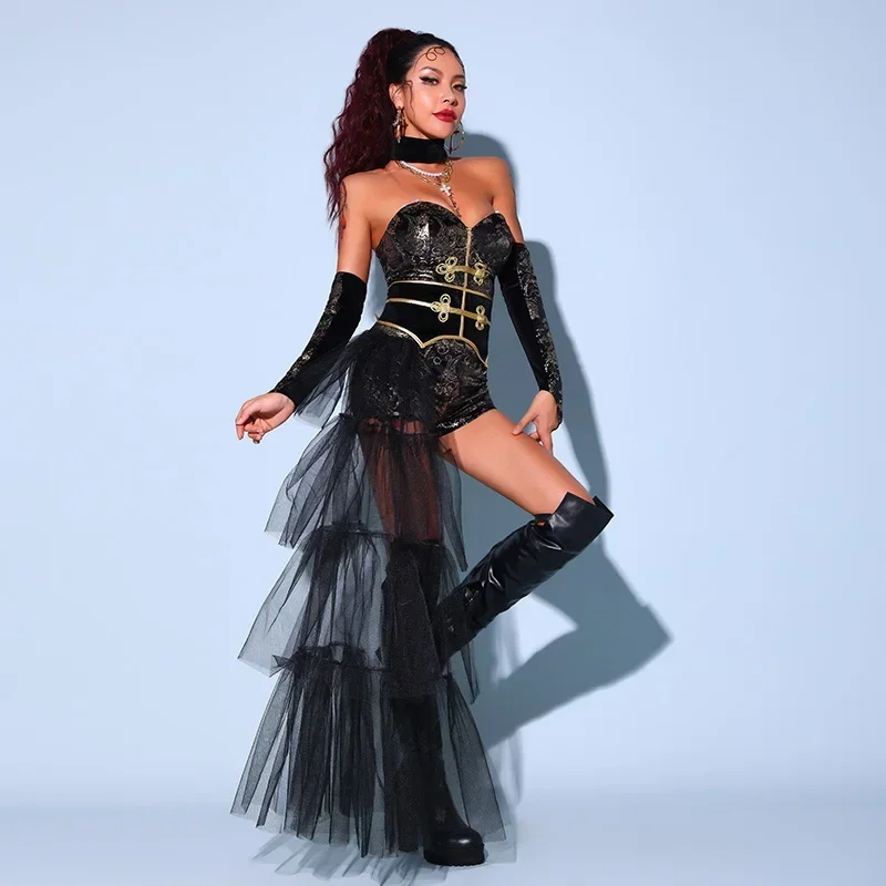 2023 костюмы для джазовых танцев в китайском стиле женщин черная сетчатая Юбка со