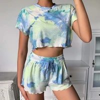 tie dye 2 piece sets outfits for women shorts sleeve sexy crop tops and fashion shorts casual homewear two piece set for women