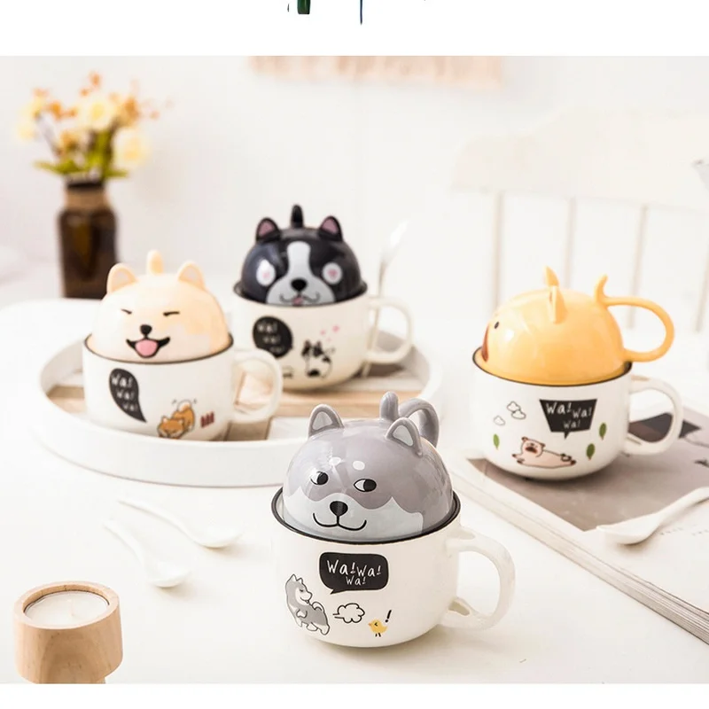 

New 350ml Kawaii Shiba Inu Mug Cute Cartoon Ceramics Mug With Lid and Spoon Coffee Milk Tea Mugs Breakfast Cups Drinkware Gifts