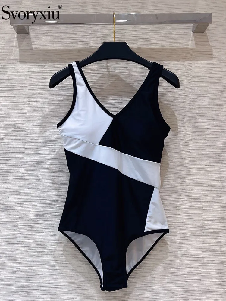 

Svoryxiu Runway Summer Designer Thin Swimsuit Women's Sexy Backless Colorblock Spaghetti Strap Beach Vacation Triangle Swimsuit