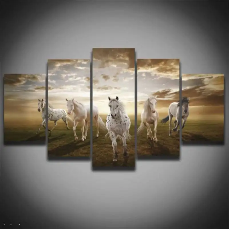 

5 Panels Printed White Horse Picture Animal Canvas Painting Landscape Modular Wall Decoration Canvas Art Hd Print Poster Framed
