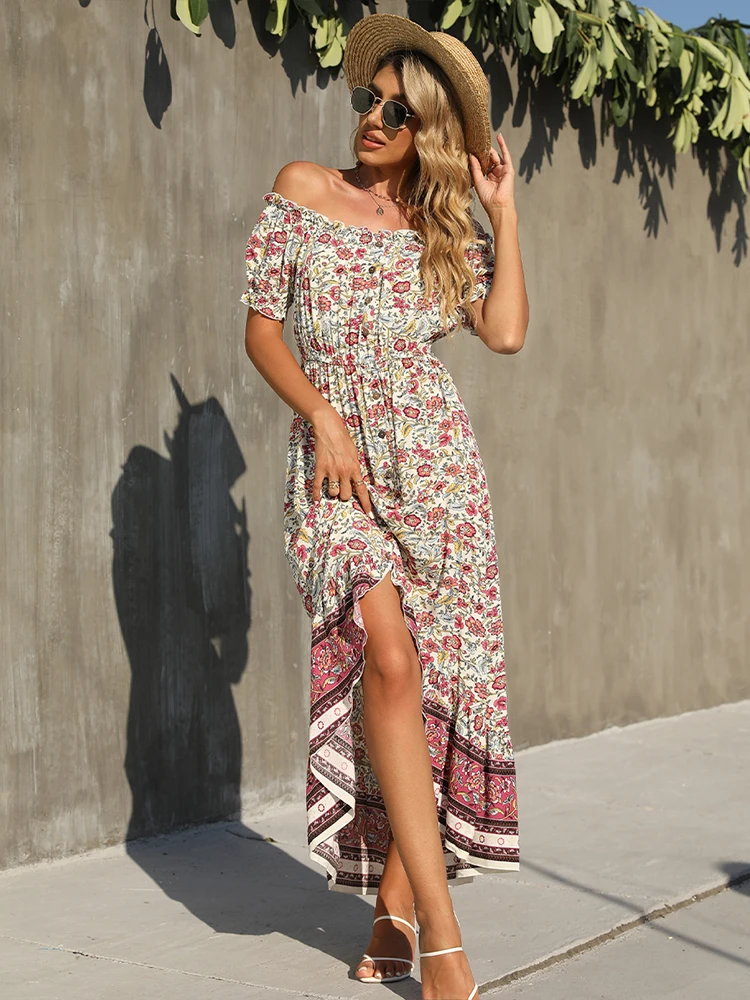 

2022 Summer Dresses For Women New Floral Print Off-Shoulder Irregular Dress Vestidos De Mujer Casual Boho Maxi Dress Free Ship