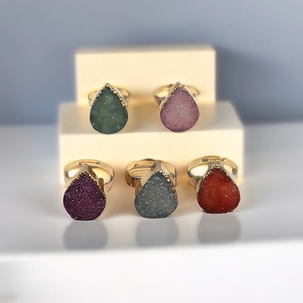 Water Drop Natural Stone Druzy Quartz Crystal Rings Adjustable Open Finger Rings for Party Wedding Women Fashion Jewelry Gifts