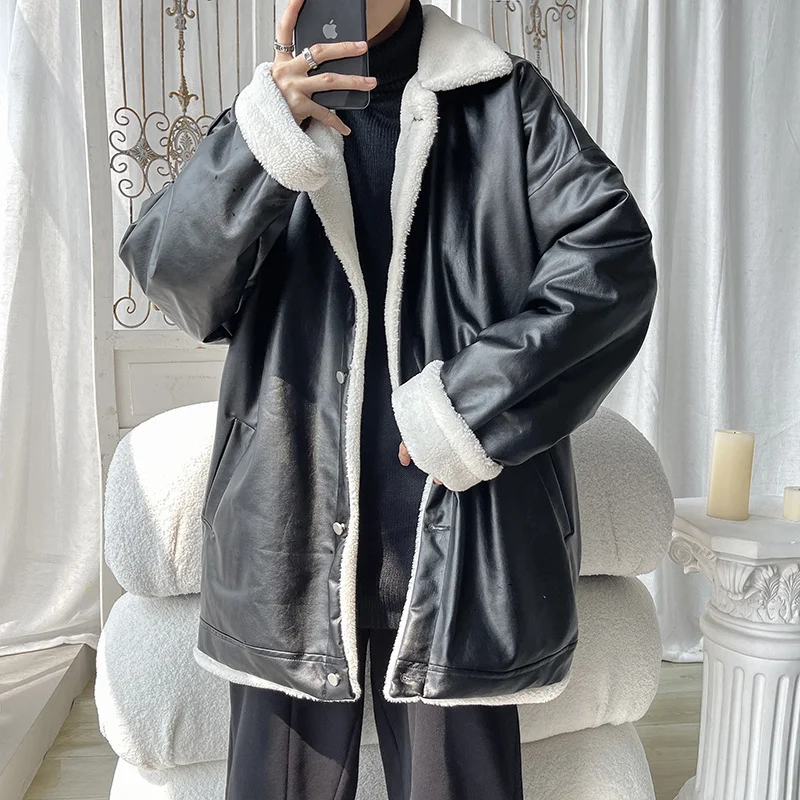 Winter Jacket Men Warm Fashion Brown Black Thickened Leather Jacket Men Korean Loose Thick Leather Short Coat Mens Parker M-2XL