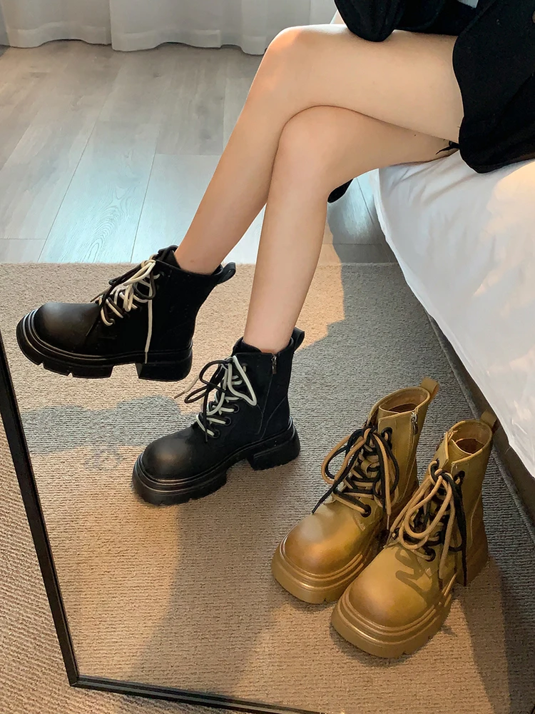 

Shoes Women's Boots Autumn Round Toe Lace Up Boots-Women Luxury Designer Ankle Rubber 2023 Ladies Rock Fashion Lolita High Heel