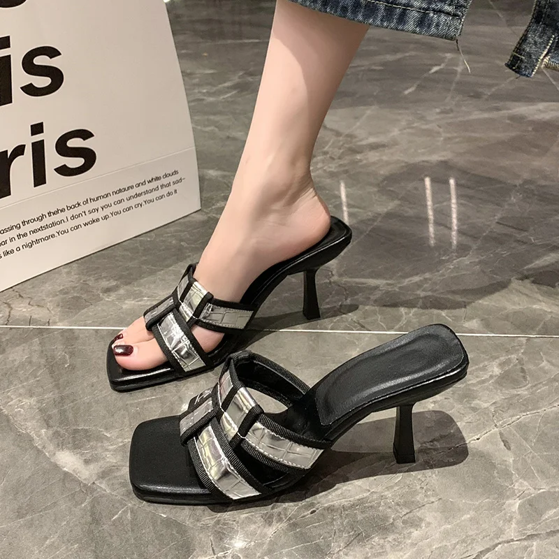 2023 New Women Slippers Open Toe Summer Dress Shoes Thin High Heels Slides Slippers Party Pumps Wedding Black White