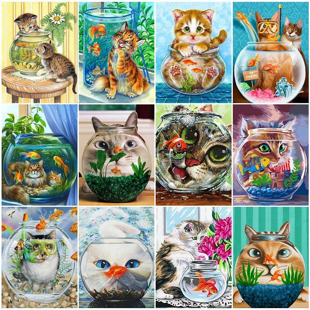 

Полноразмерная Алмазная вышивка, животное, чашка, картина 5D, «сделай сам», Круглая Мозаика с кошкой и рыбой, творческие хобби, домашний декор