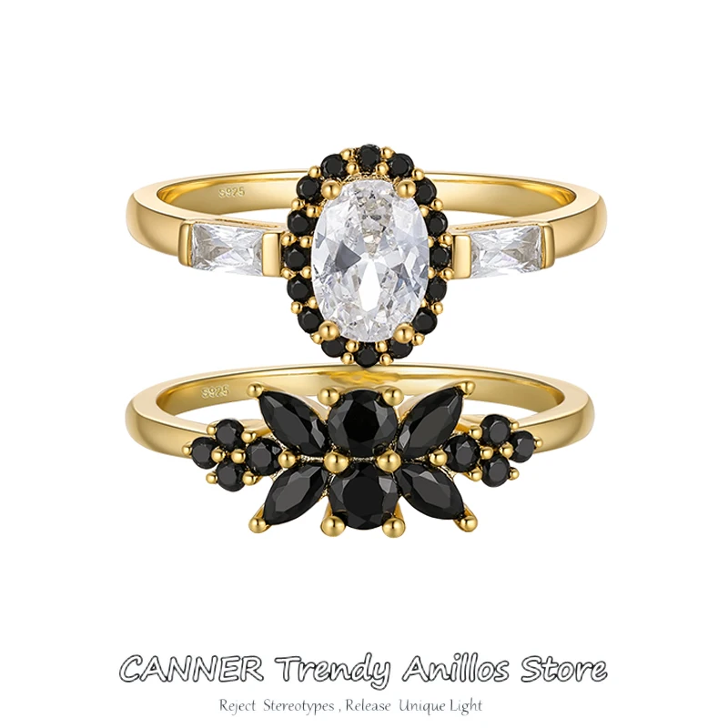 

CANNER Real 925 Sterling Silver Simple Sparkling Black Zircon Rings For Women Classic Luxury Wedding Accessories Jewelry anillos