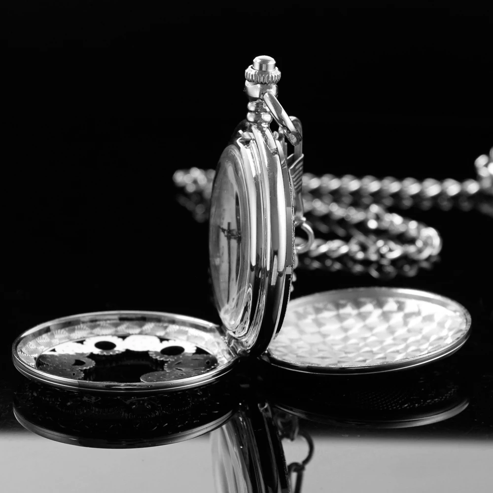 New All Silver Gear Sculpture Stainless Steel Pocket Watch Mechanical Men's Steampunk Retro Style Carving Fob Pendant Clock Lady
