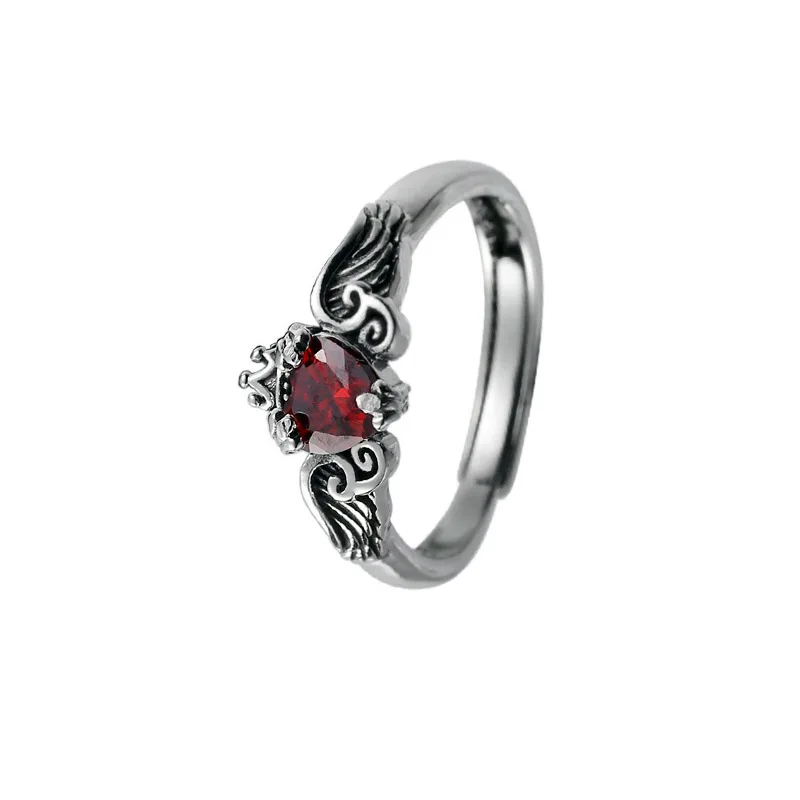 Promotion Jewelry Retro Red Crystal Love Heart Angel Wing Crown Design Thai Silver Ladies Ring For Women No Fade Gifts