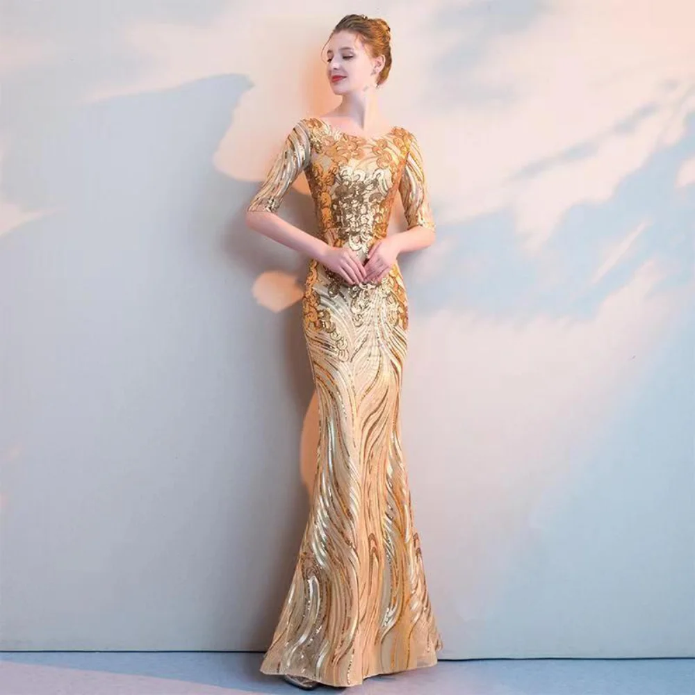 

2023 S-4XL Women Gold Half Sleeve Dold Sequin Elegant Evening Dress Party Mermaid Prom Dress Ladies Dress Women Elegant Luxury