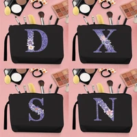 fashion woman makeup organizer bag handbag travel canvas vintage purple flower alphabet pattern print key black pencil case