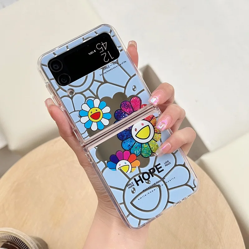 Cartoon Mirror Rainbow Sunflower Phone Case for Samsung Galaxy Z Flip 4 3 Hard Cover for ZFlip3 Zflip4 Solid Shell Bracket