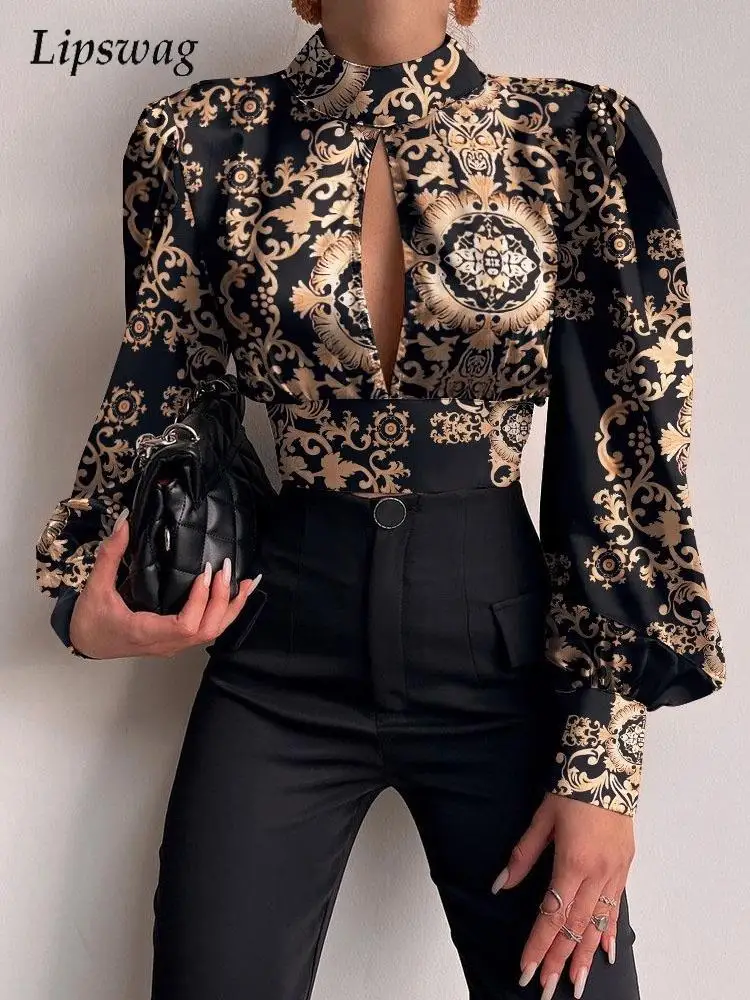 

2022 Spring Retro Pattern Print Women Long Sleeve Blouses Lace-up Blouse Shirt Sexy Hollow Out Backless Tops Pullover Streetwear