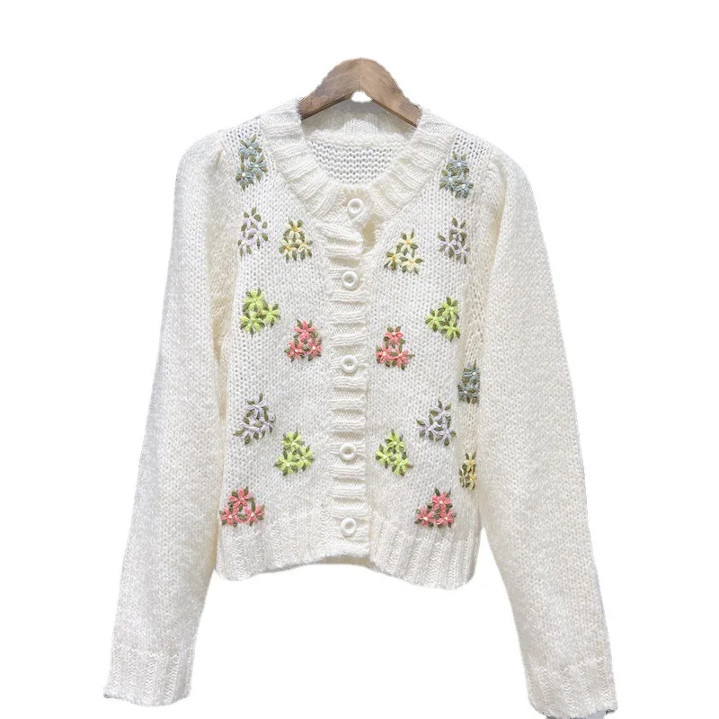 High Quality Wool Knitted Cardigans 2022 Autumn Winter Knitwear Women Floral Embroidery Long Sleeve Casual Beige Cardigan Tops