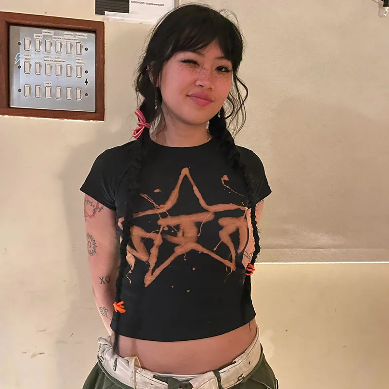 

Summer 2022 Y2k Clothes Round Neck Pullover Short Sleeve Abstract Print Navel T-shirts Casual Women's Skinny Cropped Top T-shirt