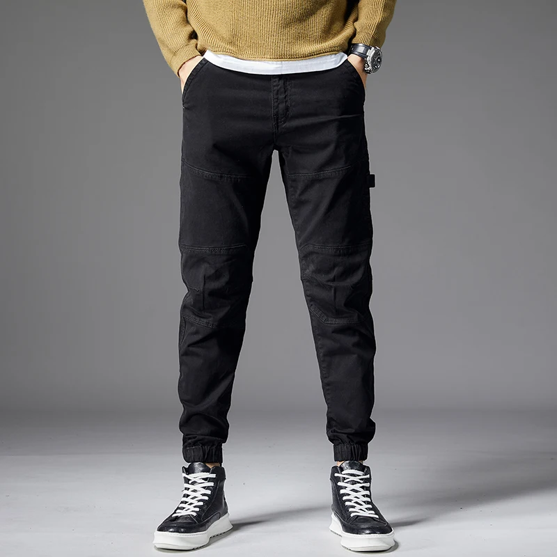 Korean Style Fashion Men Jeans Black Elastic Slim Fit Spliced Designer Casual Cargo Pants Hombre Streetwear Hip Hop Joggers Men