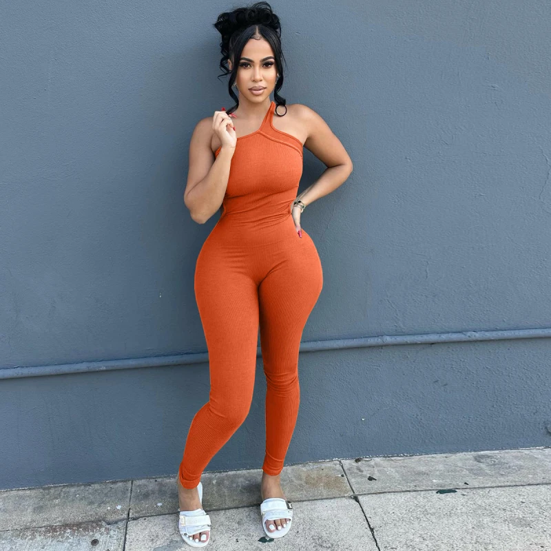 Sexy Ribbed One Shoulder Sleeveless Backless Bodycon Skinny Jumpsuit for Female