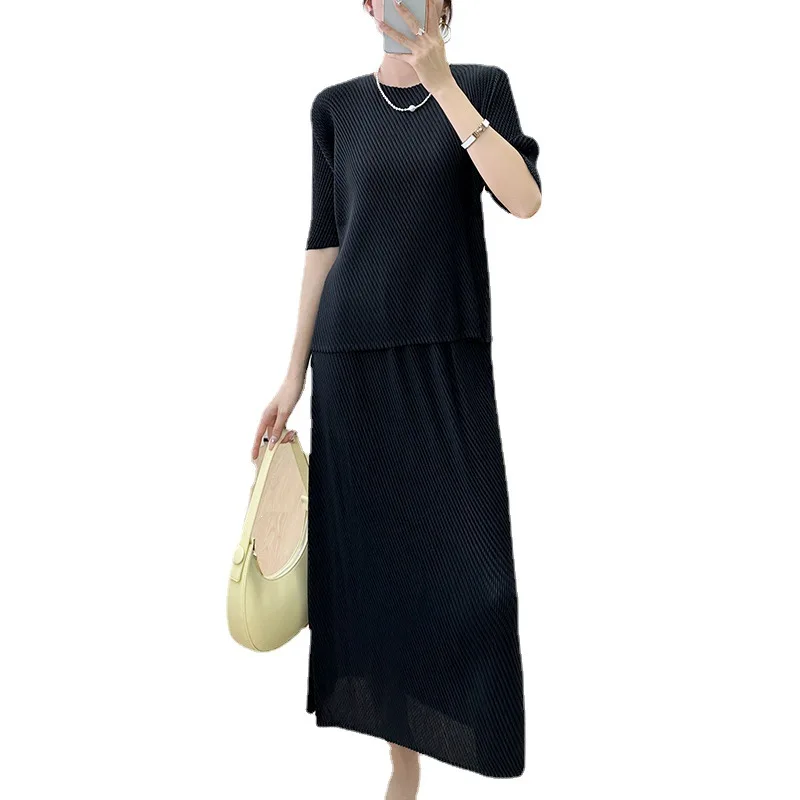 Женский комплект Miyake с коротким рукавом новинка ленивого стиля однотонное